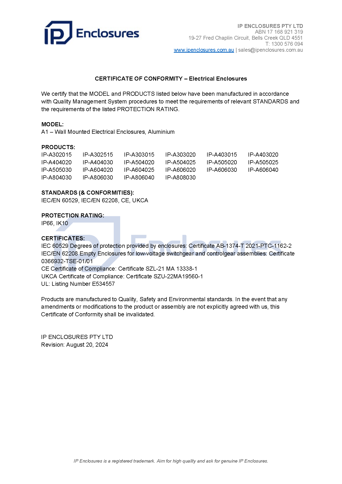 IP Enclosures Test Certificate Extract - TS EN 60529 IP66 Aluminium Enclosures