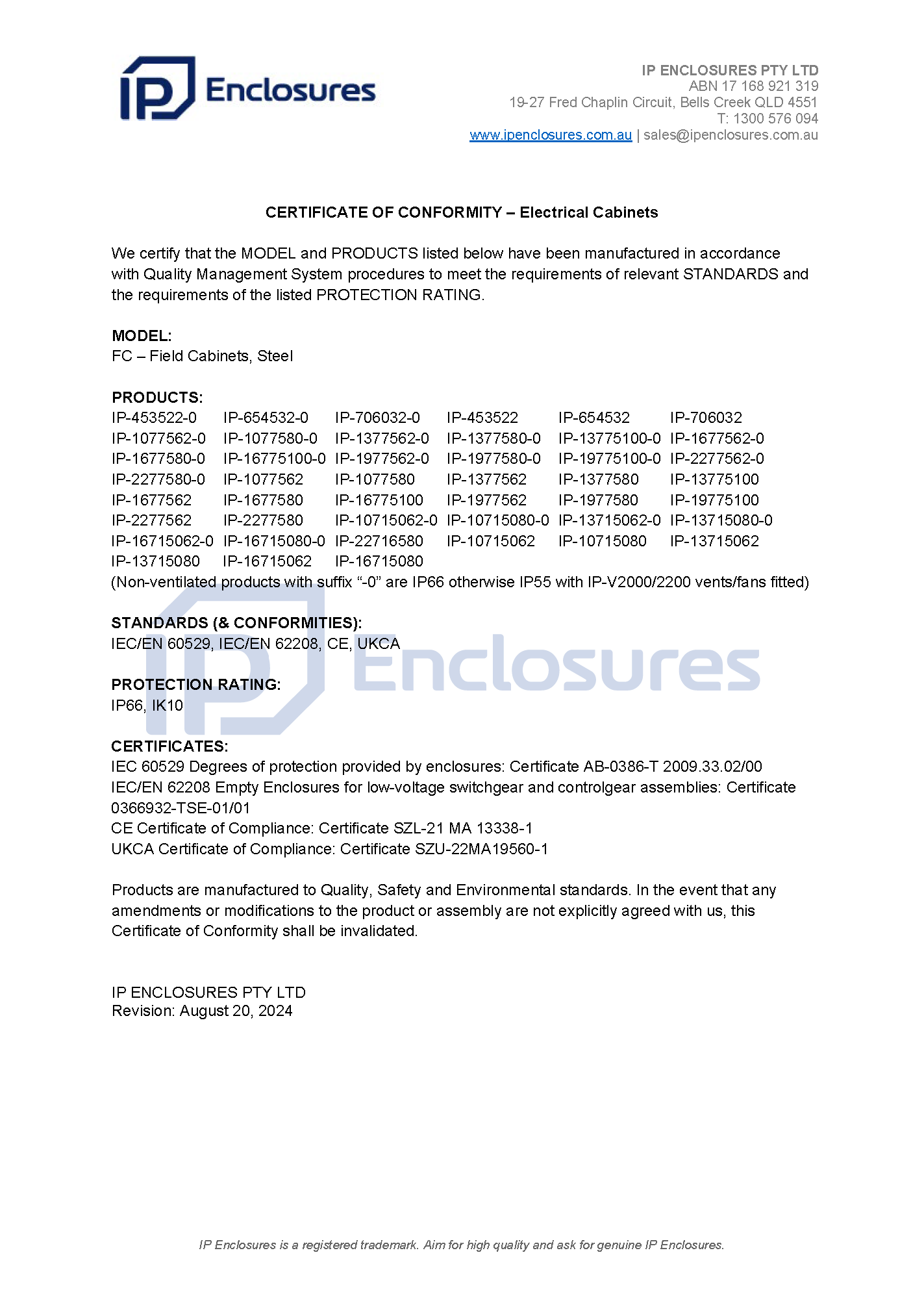 IP Enclosures Test Certificate Extract - TS EN 60529 IP66 Field Cabinet