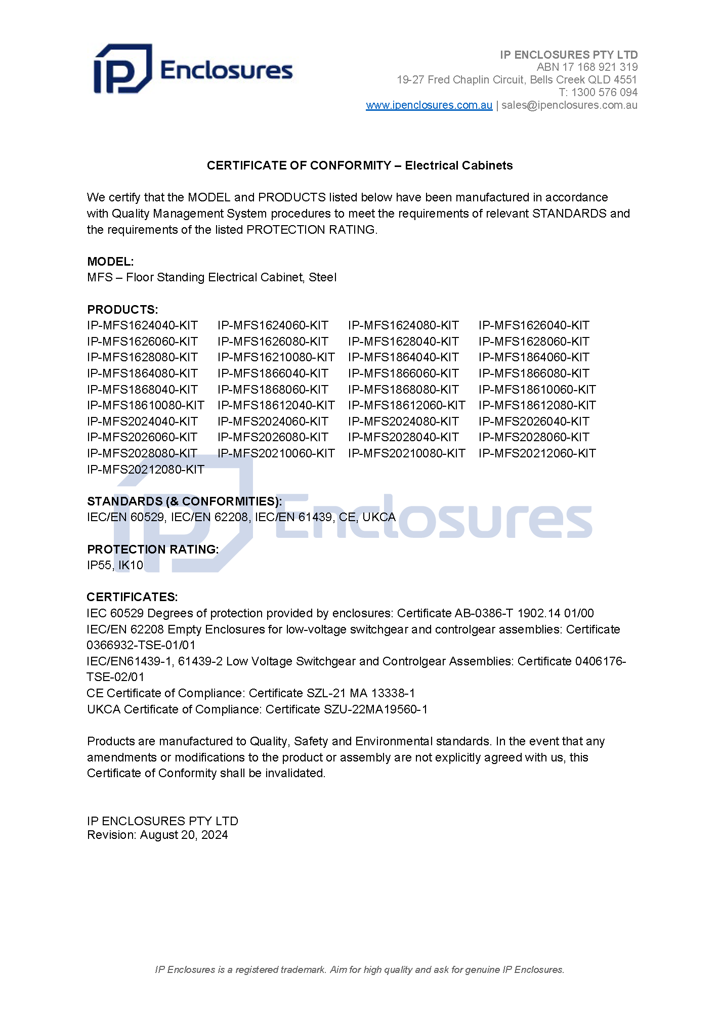 IP Enclosures Test Certificate Extract - TS EN 60529 IP55 Floor Standing Cabinets