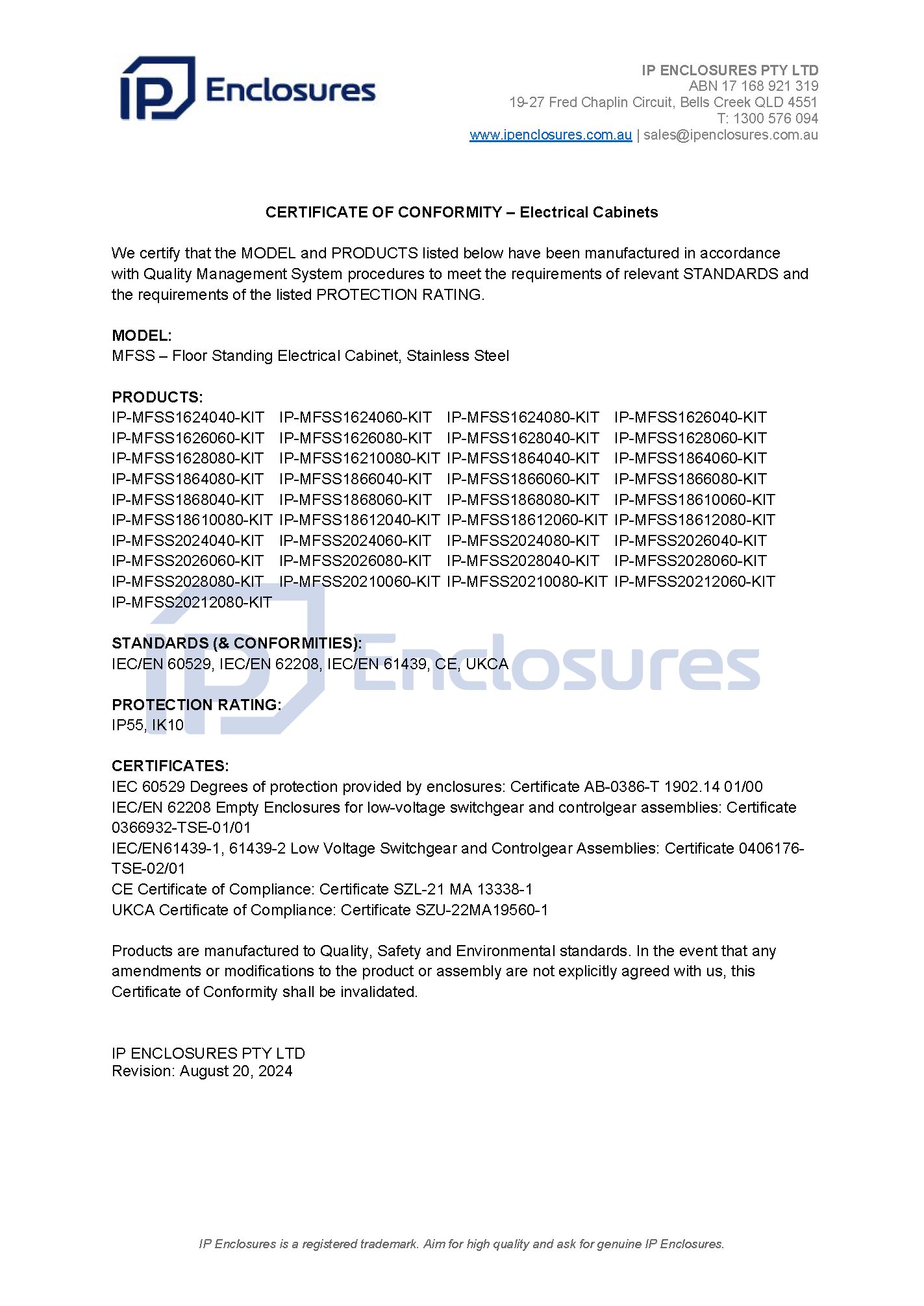 IP Enclosures Test Certificate Extract - TS EN 60529 IP55 Floor Standing Cabinets