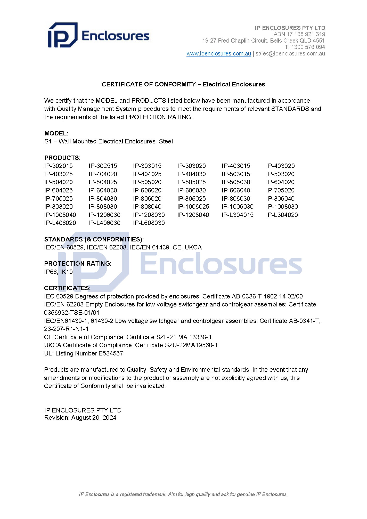 IP Enclosures Certificate - CE