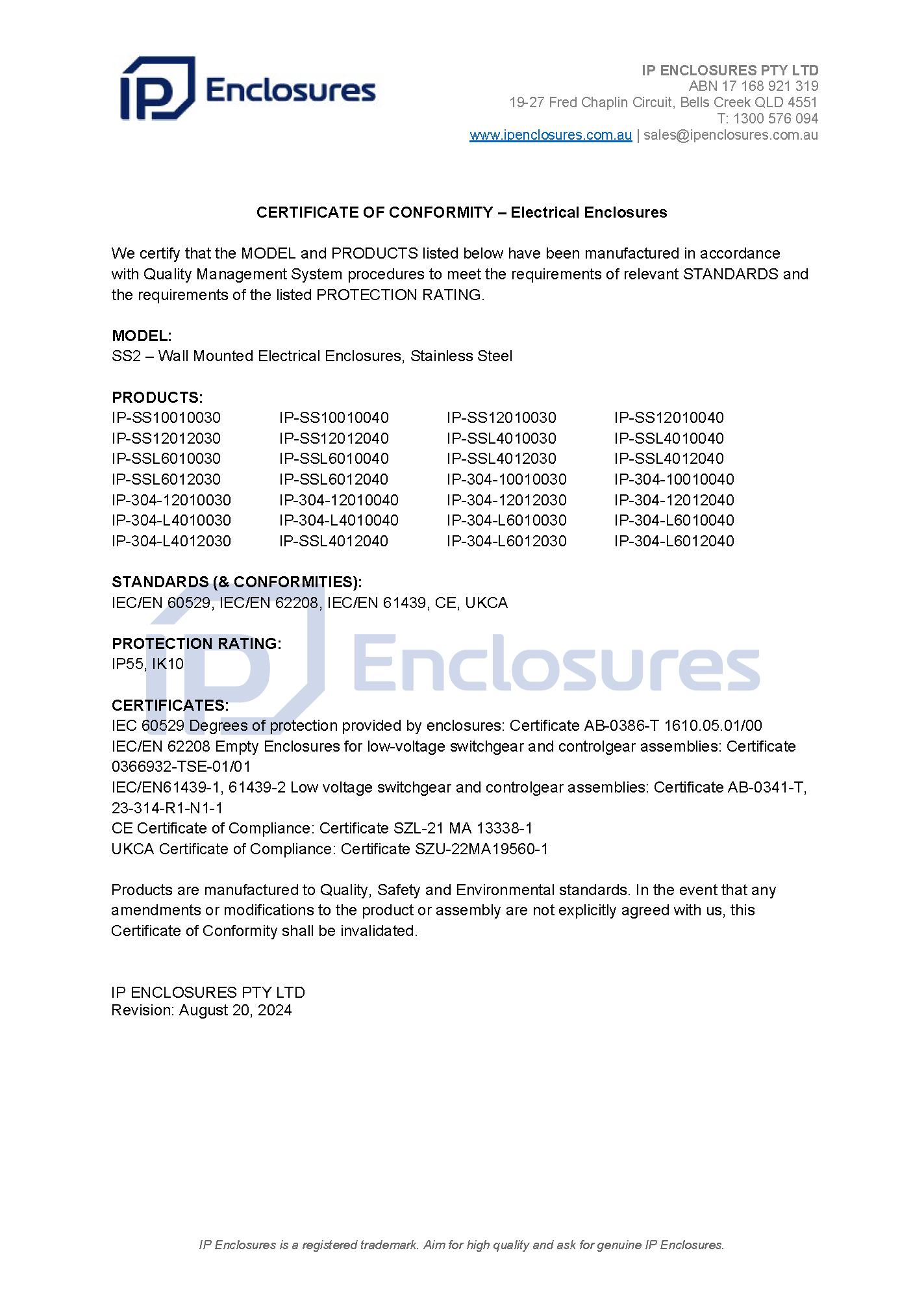 IP Enclosures Test Certificate Extract - TS EN 60529 IP66 Wall Mounted Enclosures